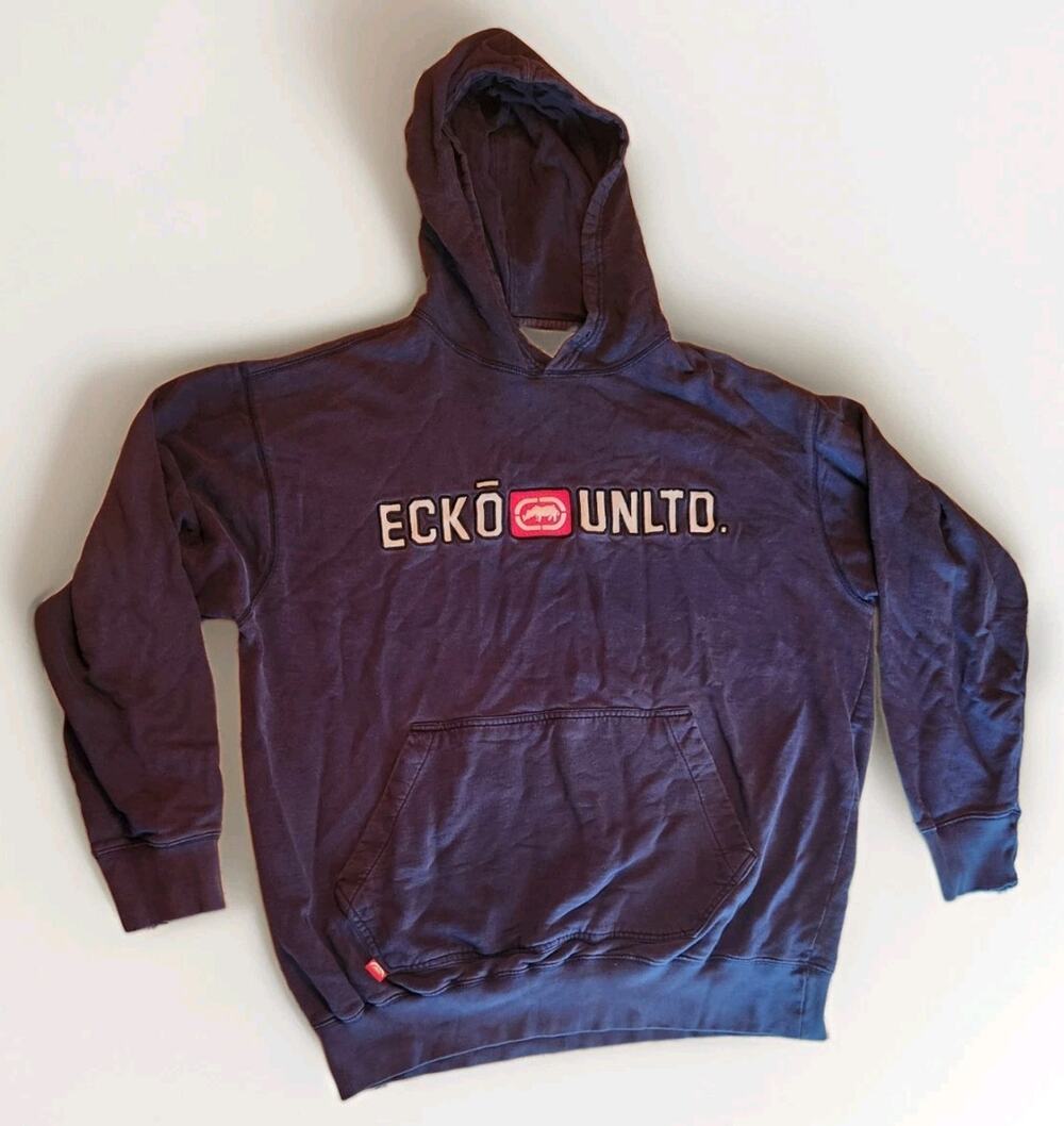 Vintage Y2K Ecko Unltd Hoodie Mens L Navy Blue Embroidered Spellout Hip Hop